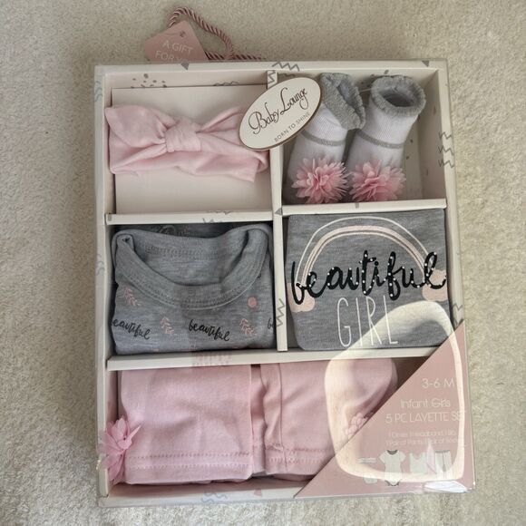 Baby Girl 5pc Gift Set 3-6 MO Pink&Gray Infant-bodysuit-pants-bib-socks-H.Band - Picture 1 of 10